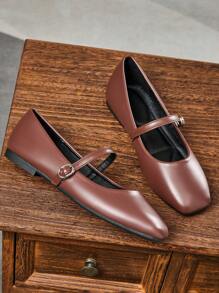 Women's Fashion Square Toe Low-Cut Brown Shoes, Casual And Versatile Office Flats, High-End Outdoor Shoes For Spring And Autumn - Brown - View 2