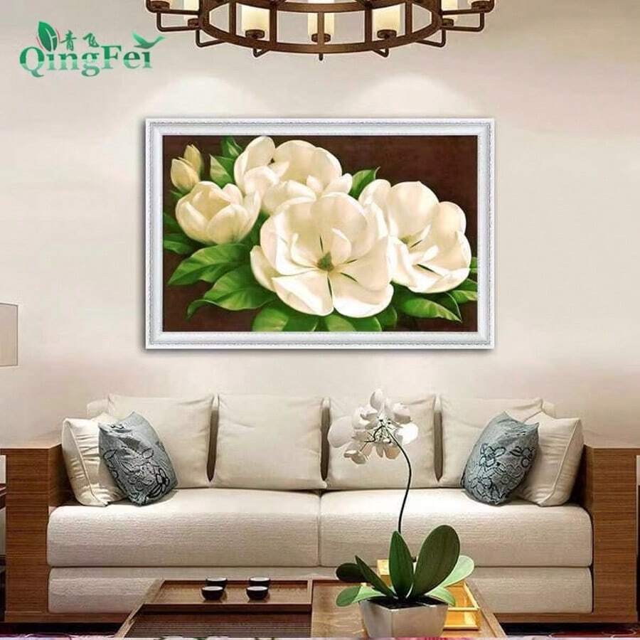 qingfei Blue Fly Precision Cross Stitch Gardenia Bloom, Modern Minimalist Fully Stitched Embroidery Painting Of Peony, Living Room & Bedroom