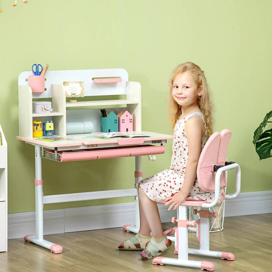 HOMCOM Kids Desk And Chair Set, Height Adjustable Kids Study Table And Chair Set With Storage Shelves, Washable Cover, Anti-Slip Mat, For Ages 3-12 Years - Pink - View 1