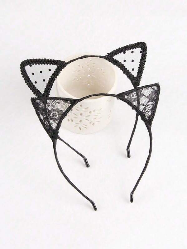 2 قطعة شريط رأس بأذن قطة من الدانتيل الأسود، قطعة رأس جميلة وحلوة للنساء، لحفلات الهالوين والأعياد، شريط شعر