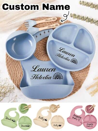 1/4Pcs Custom Engraving Name Baby Silicone Tableware Set, Personalized Soft Silicone Fork Spoon With Pattern, Customized Engraved Silicone Bowl, Customizable Silicone Dinner Plate, Dark Red/Cream/Blue/Green, 9 Icon, Kids Child Toddlers Baby Feeding Set,Customized Kids Tableware,Warm Ambience