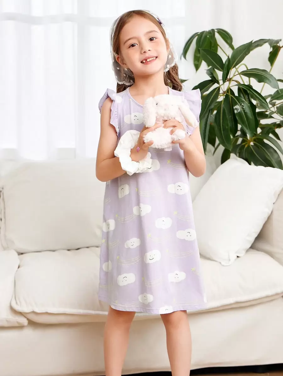 mini bala Set Piyama Anak Perempuan, Baju Tidur Bayi yang Lucu dan Bernapas - Nada putih ungu - View 1