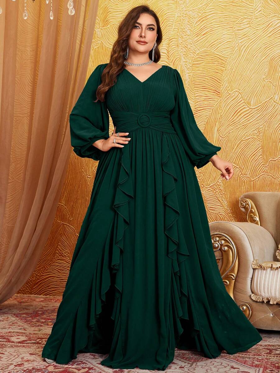 Plus Size V-Neck Chiffon Lantern Sleeve Ruched Waist Patchwork Ruffle Hem Elegant Dress,Modest - Dark Green - View 1