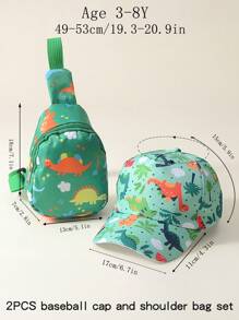 2pcs/Set Unisex Kids Dinosaur Printed Baseball Cap And Crossbody Bag, Suitable For Outdoor, Casual, Travel In Spring, Summer And Autumn, Sun Visor & UV Ion - 2PC - View 10