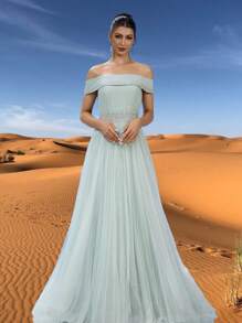 DELLA COUTURE Off The Neck Floor Length Evening Dress For Wedding Celebrations, Banquets And Parties. Its Floor Length Design Makes It A Great Choice For Women Summer Dresses, Wedding Guest Dress, Which Is An Exquisite Formal Dress For Women, Party Dress, For Cocktail - Light Green - View 4