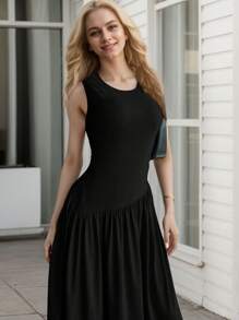 hoteel Chic Simple Design Sleeveless Tank A-Line Long Dress, Crew Neck Slim Top Wide Hem Waist Pleated, Woman Cothes - 黑色 - 查看 3