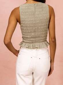 Women Sleeveless Smock Shirred Tank Tops Summer Casual Ruffle Hem Crop Top Shirts - Khaki - View 3