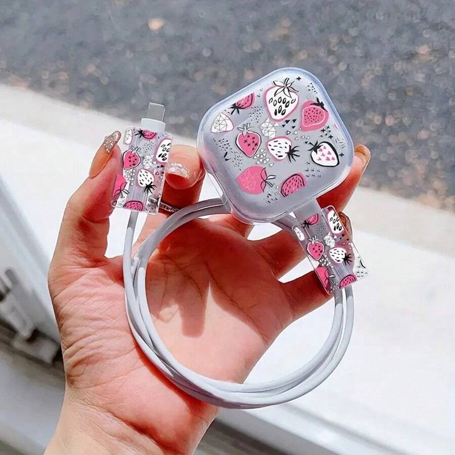 3pcs/Set Cartoon Doodle Strawberry Apple Cable Protector Sleeves, Compatible With IPhone, Suitable For 20w Charging Adapter, Prevent Breakage