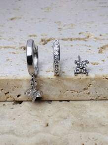 三件套耳环，精致小巧，多孔设计，可爱立方氧化锆花朵造型，14K金材质，轻盈低敏，适合耳骨穿孔，女士饰品 - 銀色 - 查看 2