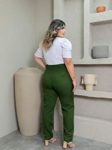 Plus Size Tailored Trousers With Button P To G3 - Army Green - View 2