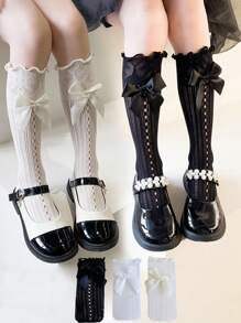 3 Pairs Girls Princess Lace Ruffle Knee High Socks With Bow, Children Mid-Calf Socks, Size 3-12Y