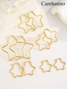 5 Pairs Minimalist Stainless Steel Pentagon Star Hoop Earrings, Suitable For Men And Women - Gold - View 6