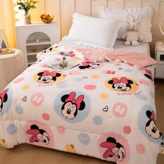 Disney 1 pièce Couette matelassée en motif de dessin animé mignon en tricot et velours de lait, édition 4 saisons, rembourrage alternatif à la plume, avec boucles aux coins, couture épaisse et douce, convient pour la chambre à coucher et la chambre d'amis, literie microfibre super douce
