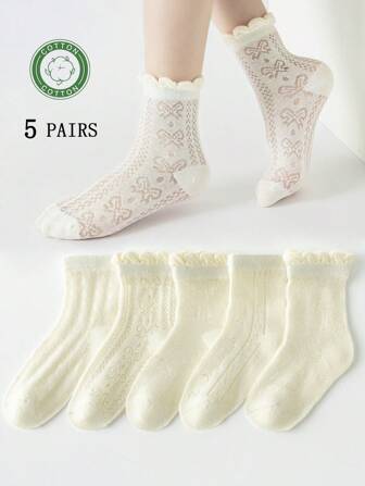 5 paires de chaussettes mi-mollet pour filles/enfants/tout-petits avec bordure en dentelle en maille, blanc unicolore, nœud papillon, pois, motif treillis, rayé, style mignon. Chaussettes en maille pour le printemps et l'été, polyvalentes, convenant pour les étudiants au quotidien, pour la rentrée scolaire, pouvant s'assortir à des baskets décontractées ou des chaussures