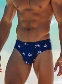 Fashion Men's Sexy Swimwear Briefs, Summer Beach & Pool, Men's Quick Dry Coconut Tree Pattern Swim Trunks, Swimming Shorts, Men's Coconut Tree Print Bulge Triangular Swimwear,Hawaiian