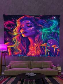 Blacklight Tapestry UV Reactive Mushroom Charming Woman Tapestry Vibe Tapestry Aesthetic Wall Tapestry Wall Hanging For Bedroom