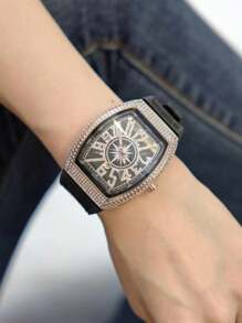 Hochwertige Diamanten Herrenuhr, im Retro-Stil mit großem Zifferblatt, Kalender, tonnnenförmigem Gehäuse und Lederarmband, Business Armbanduhr