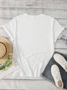 Letter Printed T-Shirt, Short Sleeved Round Neck Summer And Spring Casual Top, Women's Top