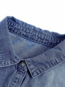 Tankaneo Women's Button-Down Denim Shirt Casual Long Sleeve Chambray Shacket With Collar And Pockets Boyfriend Jean Jacket Style Christmas Gift & New Year Gift - 藍色 - 查看 4