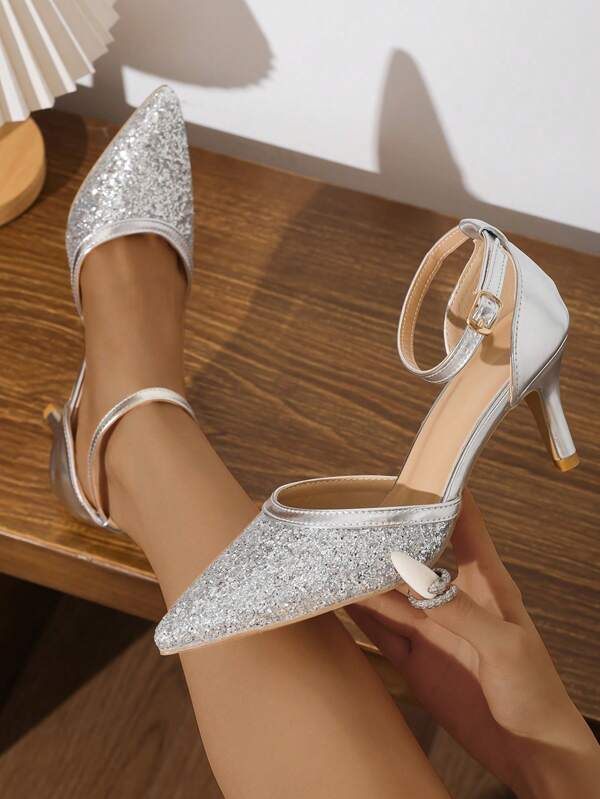 Silver Glitter Ankle Strap Pointed Toe High-heeled Sandals With Hollow Out Design, Spring And Autumn New Style