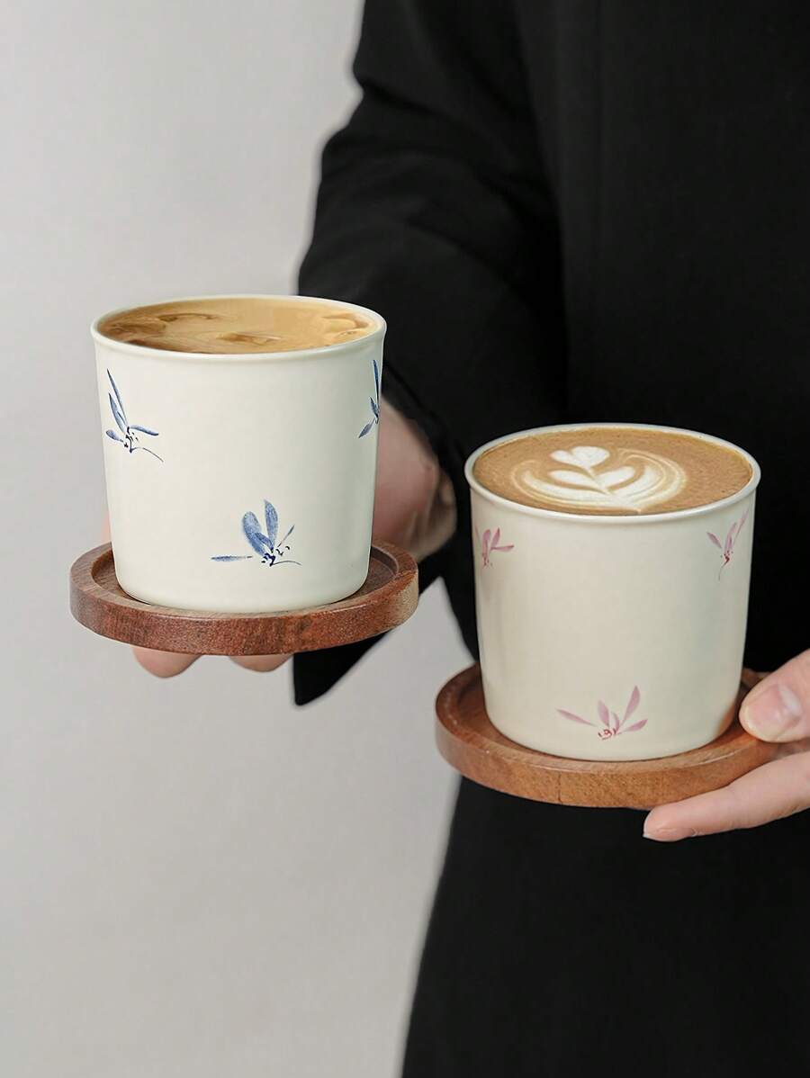 1pc Retro Minimalist Ceramic Coffee Cup & Saucer Set, Orchid Pattern, Gongfu Tea Cup, Home Living Room Teacup, Coffee Latte Cup With Wooden Holder - Multicolor - View 1