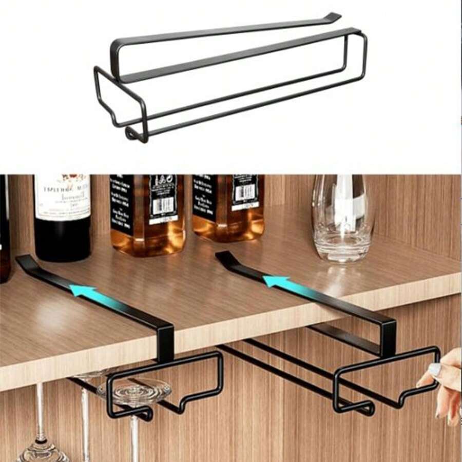 1 Piece Goblet Rack Under Cabinet Wine Glass Holder, Kitchen Hanging Glass Metal Storage Rack, Nail Free Glasses Storage Rack, Black White, Space Saving, Easy To Install, Non-Slip, Affordable, For Home, Bar, Kitchen, Cafe, Offices And Hotels, For Outdoor, Camping