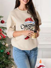 Women's Christmas Sweatshirt Long Sleeve Crewneck Letter Santa Hat Print Pullover - Beige - View 3