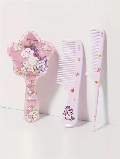 Bộ 3 chiếc/bộ lược chải tóc hình kỳ lân năm cánh hoạt hình cho trẻ em, lược massage mini họa tiết động vật, màu sắc ngẫu nhiên
