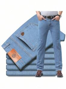 Business Style Straight Leg Stretch Jeans - Baby Blue - View 1