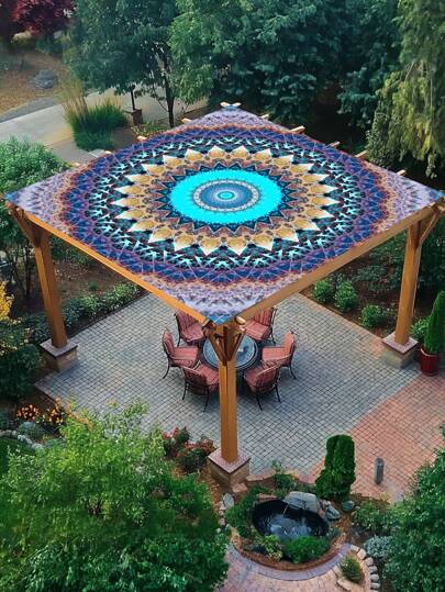 1pc New Waterproof Sun Shade Canopy, With Gradient Green Mandala Design - 6-Person Multi-Season Pull-Cord Tent, Polyester Fabric, Suitable For Beach, Yard And Garden, Includes Ropes