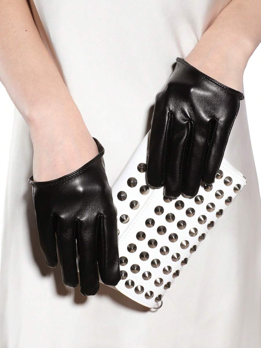 1 Pair Women's Fashionable Solid Color Sexy Punk Rock Style PU Gloves, Suitable For Party, Motorcycle Riding, Banquets - A - View 1