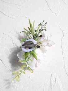 1pc White Airen Rose With Small White Flowers And Green Berries, Elegant Boutonniere Suitable For Groom, Wedding Decoration, Formal Events, Parties
