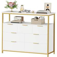 Cómoda moderna de 7 cajones, cómoda blanca con tiradores de metal, cómoda blanca y dorada, cómoda alta con cajones, organizador de almacenamiento de gran capacidad para la sala de estar, entrada, color blanco. - Blanco - Ver 1