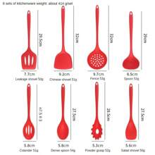 8 pièces Set de cuisine en silicone pour la maison, comprenant une spatule chinoise, une louche, une passoire, une poêle, une cuillère à soupe, un service à pâtes, des pinces à salade, un dilueur de miel, disponibles en rouge et noir