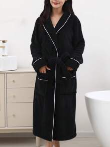 1件女士加厚撞色装饰黑色浴袍夏季婚礼浴室装饰 - 黑色鳳梨格浴袍 - 查看 3