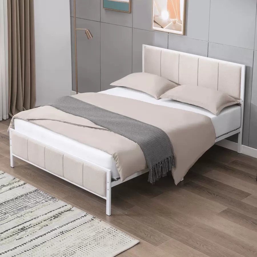 Queen/King Size Bed Frame, Linen Upholstered Platform Bed Bedroom, Bed Frame With Channel Tufted Headboard, No Box Spring Needed - 米色 - 查看 1