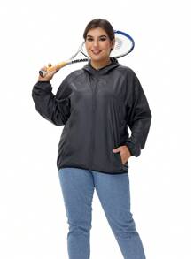 1件装女士轻薄纯色长袖休闲外套，拉链连帽大码女式外套，防晒外套，大码女士休闲运动外套 - 黑色 - 查看 4