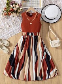 Conjunto de 2 peças para meninas pré-adolescentes, inclui blusa de malha canelada e saia plissada com estampa geométrica digital, roupa casual e elegante para primavera/verão - Castanho Café - Ver 1