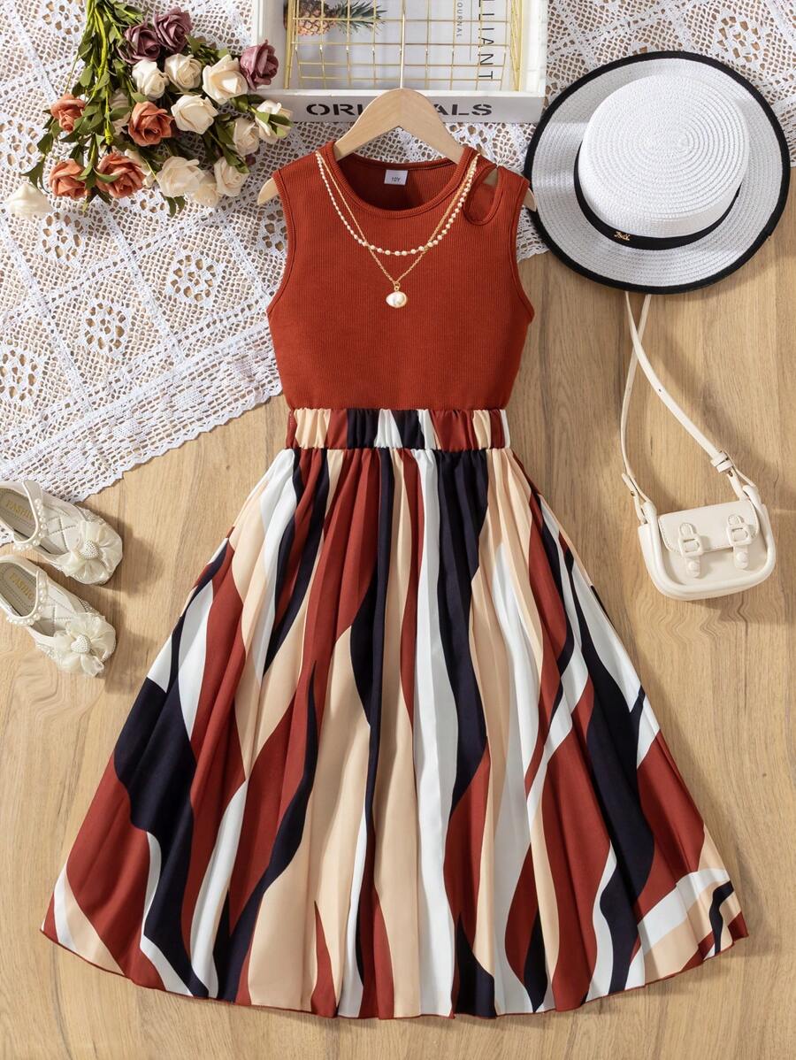 Conjunto de 2 peças para meninas pré-adolescentes, inclui blusa de malha canelada e saia plissada com estampa geométrica digital, roupa casual e elegante para primavera/verão - Castanho Café - Ver 1