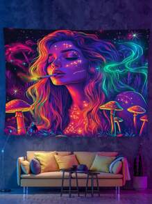 Blacklight Tapestry UV Reactive Mushroom Charming Woman Tapestry Vibe Tapestry Aesthetic Wall Tapestry Wall Hanging For Bedroom