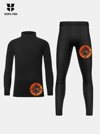 2pcs/Set Tween Boys Winter Thermal Underwear De Velvet Set Turtleneck Top Pants De Velvet Lined Bottom Tights And Pants
