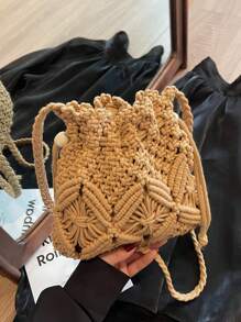 2025 New Arrival Woven Straw Bucket Bag For Women, Unique Design Crossbody Bag, Versatile For Beach & Daily Use