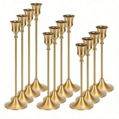 12pcs/Set Iron Taper Candle Holder,Decorative Candle Stand - Candlestick Holder For Wedding, Dinning, Party - Antique Brass,Fireplace Decor Candelabra Table Decor Pillar Candle Holder For Wedding,Home Decor, Holiday Party Decor,Festival Decor Home