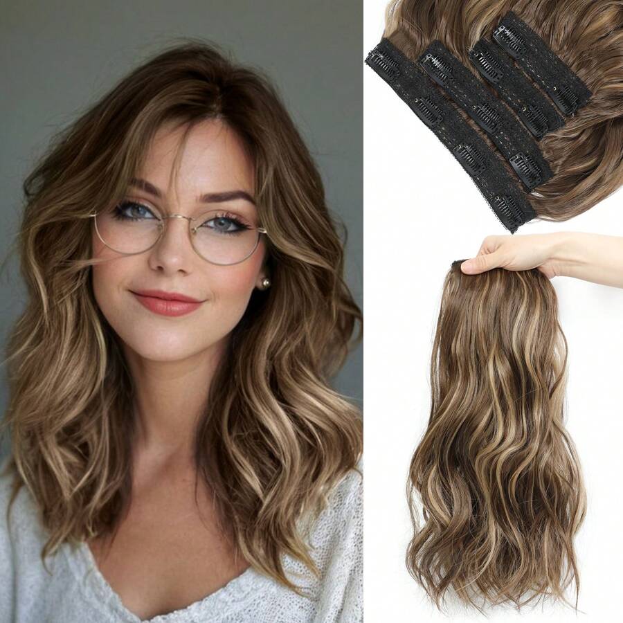 Clip In Hair Extensions, 14inch Short Wavy Curly Clip In Hair Extensions For Women 4Pcs Synthetic Beach Wavy Hair Extensions Invisible Lace Weft Hairpiece For Women - Golden Chestnut with Highlights - 查看 1