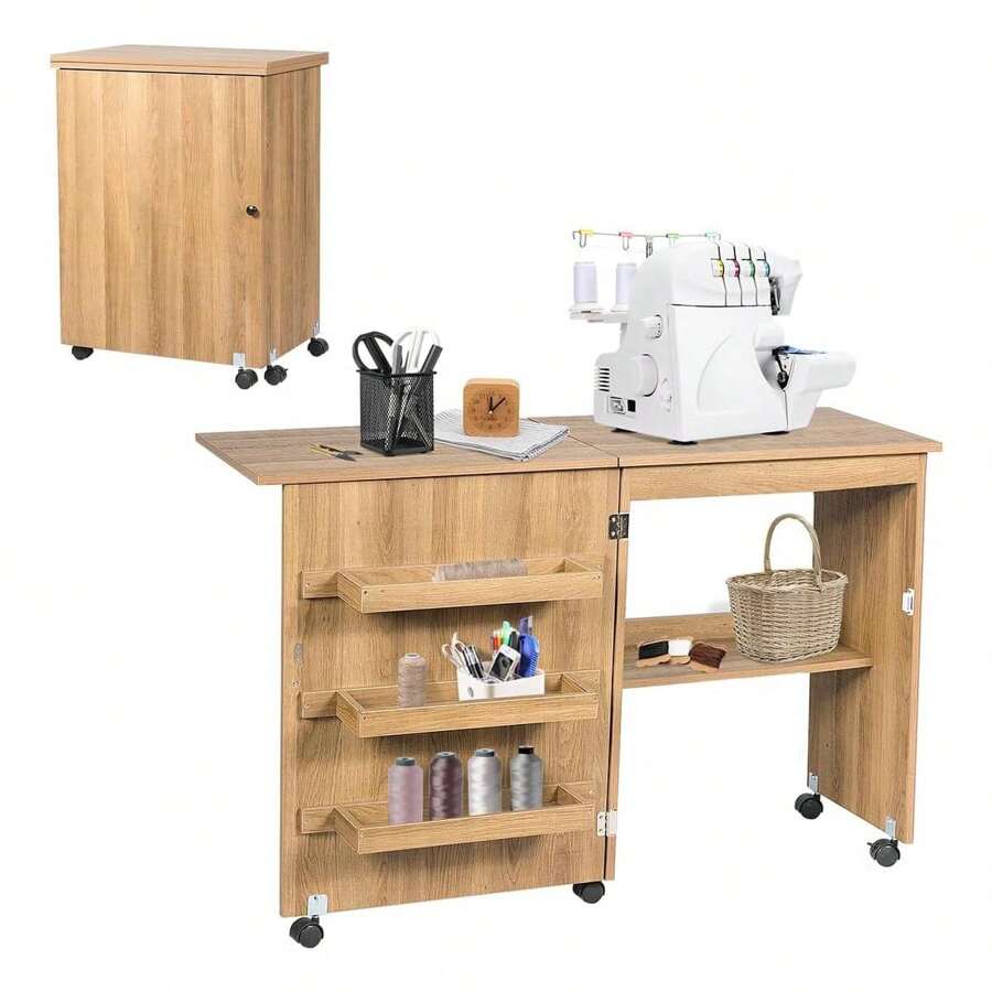 Foldable Sewing Table, Retractable Sewing Machine Table With Wheels & Door, Foldable Sewing Cabinet For Sewing Machine, Sewing Machine Cabinet Bedside Table For Living Room Study Bedroom - Special Walnut - View 1