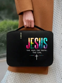 1 件时尚简约复活节耶稣印花圣经袋和 1 件不锈钢书签带和链条，手提包带手柄拉链口袋储物收纳袋收纳袋