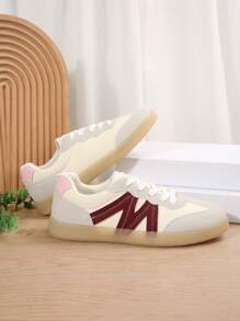 女士拼色舒适防滑圆头系带休闲运动鞋，芭蕾风格运动鞋，红色和白色，适合日常穿着、户外、春季、学生