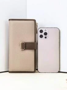 女士长款撞色拼布钱包，时尚迷你柔软 PU 纹理多功能卡包，时尚年轻学生大容量拉链零钱包，轻巧方便送礼 - 杏色 - 查看 7