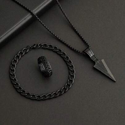 Set de 3 piezas de accesorios de fiesta punk rock y hip hop que incluye collar, pulsera y anillo con diseño de flecha para hombres