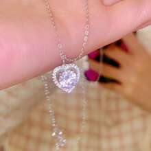 1pc S925 Sterling Silver Dainty Artistic Luxurious Sense Diamond Heart Shape Pendant Necklace